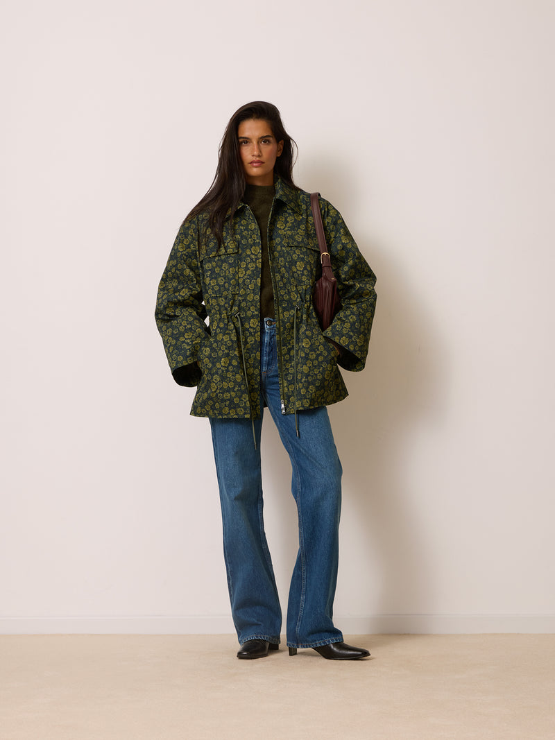 ALFRED khaki rosebud print mid-length parka, front view by Rouje