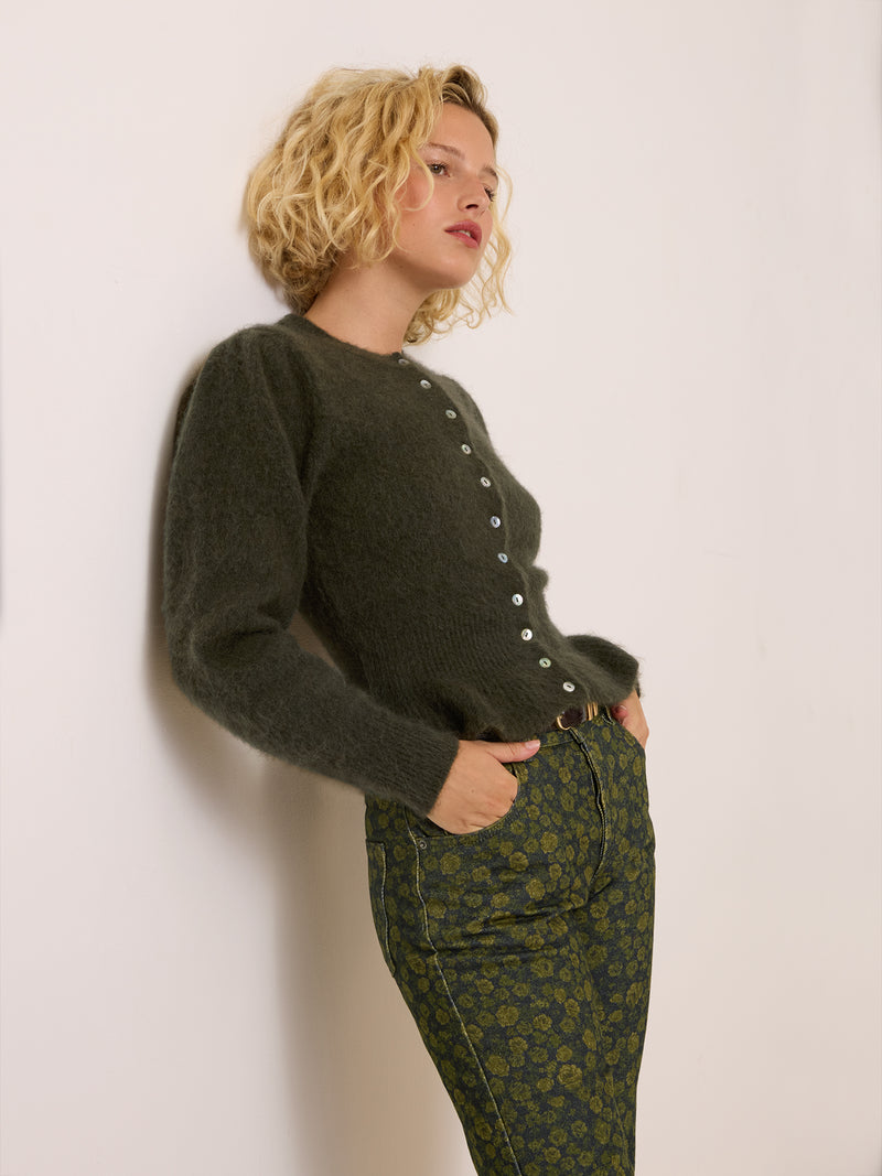 AMBROISE khaki long-sleeve knit top worn on a model by Rouje