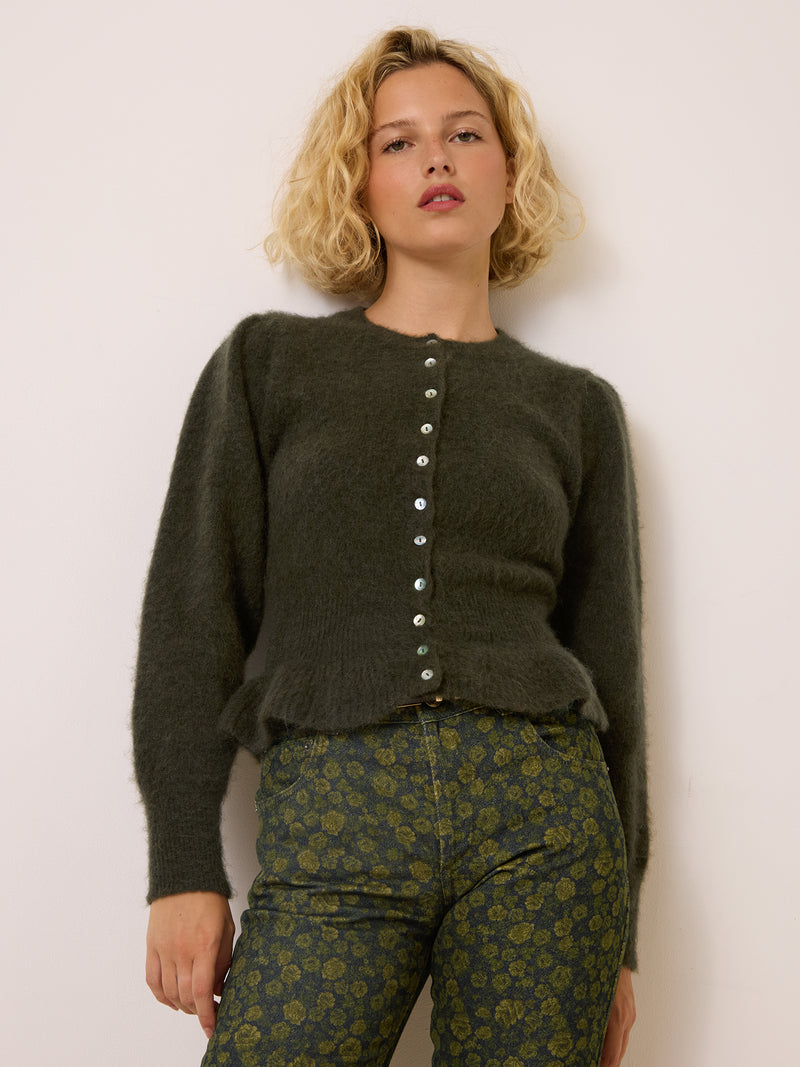 AMBROISE khaki long-sleeve knit top, front view by Rouje