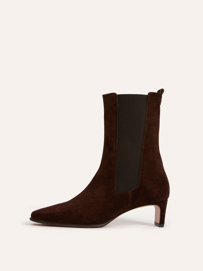 CHELSEA ebony suede ankle boots, front view by Rouje