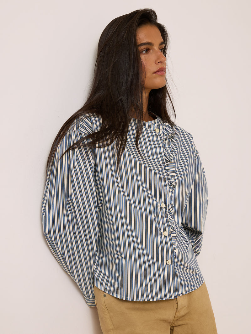 CLARISSE black striped shirt worn on a model by Rouje