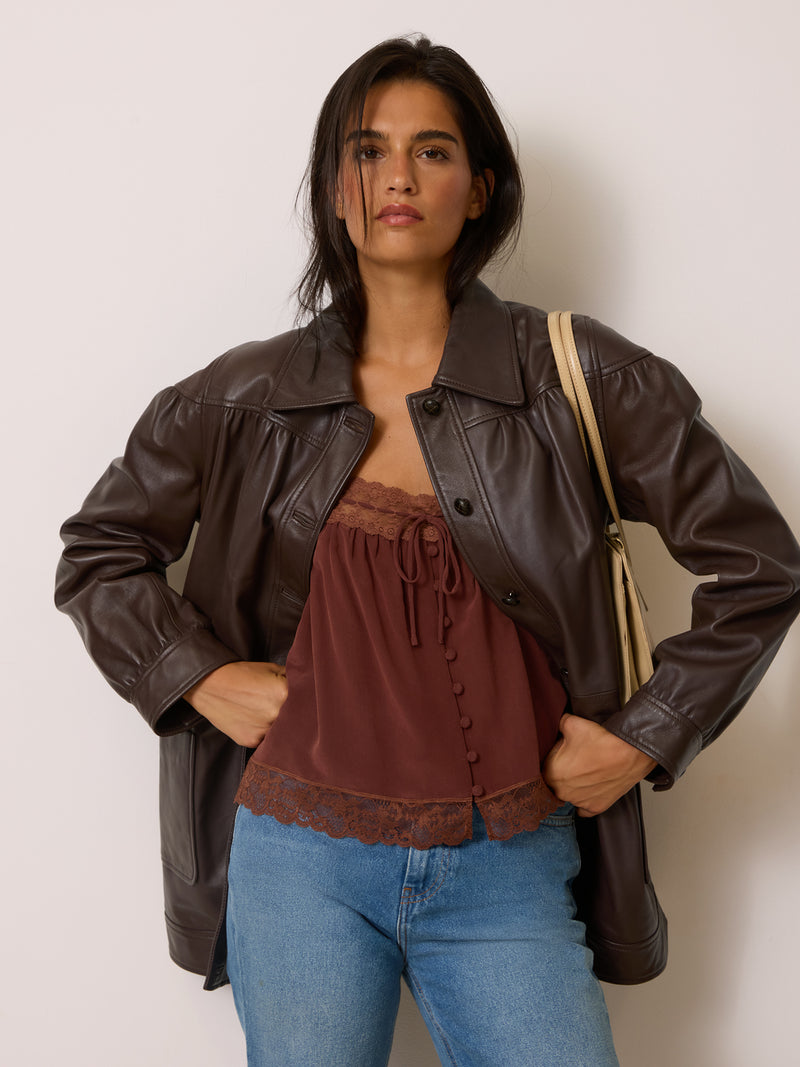 ANETA cachou leather jacket worn on a model by Rouje