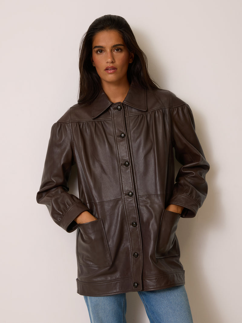 ANETA cachou leather jacket, back view by Rouje