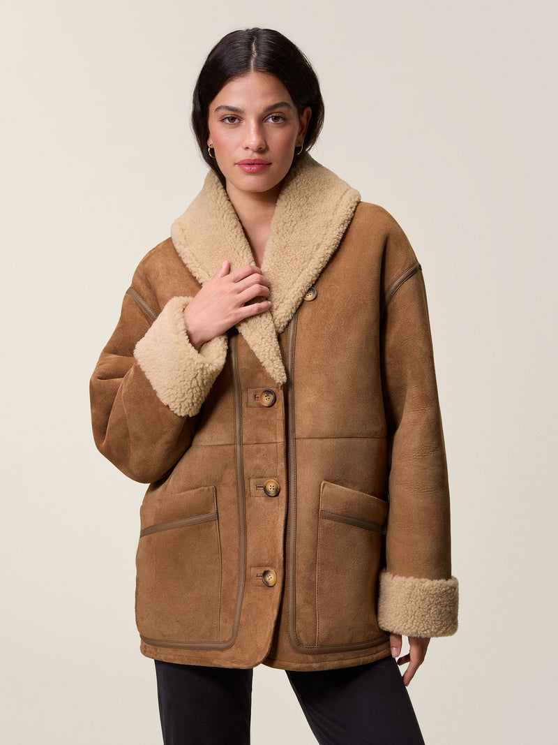 FERDINAND taupe sheepskin coat, back view by Rouje