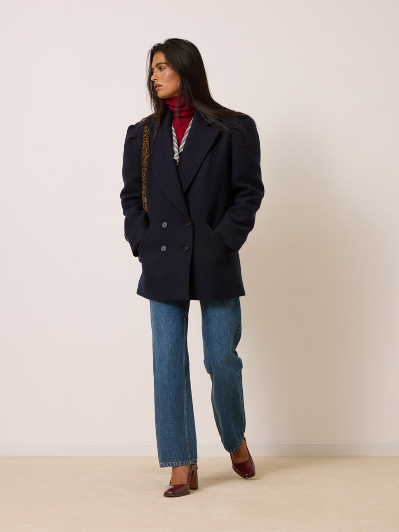 FERNAND navy blue mid-length wool coat, front view by Rouje