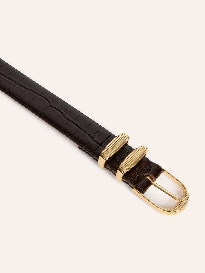 SOUPIR chocolate croc-effect wide leather belt, worn on a model by Rouje